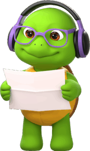 Eine antropomorphe Schildkröte mit lilafarbener Brille liest Text auf einem Zettel