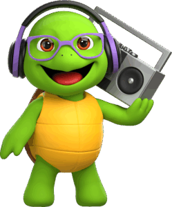 Eine anthropomorphe Schildkröte im 3D-Stil, die ein Kofferradio auf der Schulter hält und erfreut in die Kamera lächelt